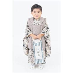3歳男児着物【グレー被布リーフ】